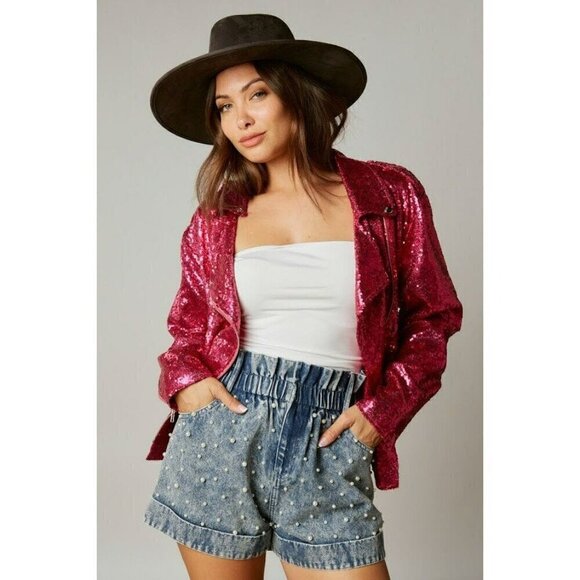 Pearly Girly Era Pearl Paperbag Shorts in Denim - Picture 3 of 7